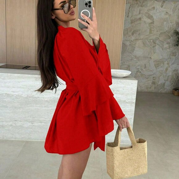 Red Glam Women's V-Neck Asymmetrical Tie-Up Long Sleeve Loose Mini Dress - Picture 6 of 8